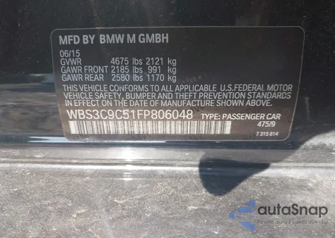 2015 BMW M3 z USA, uszkodzony, nr VIN WBS3C9C51FP806048